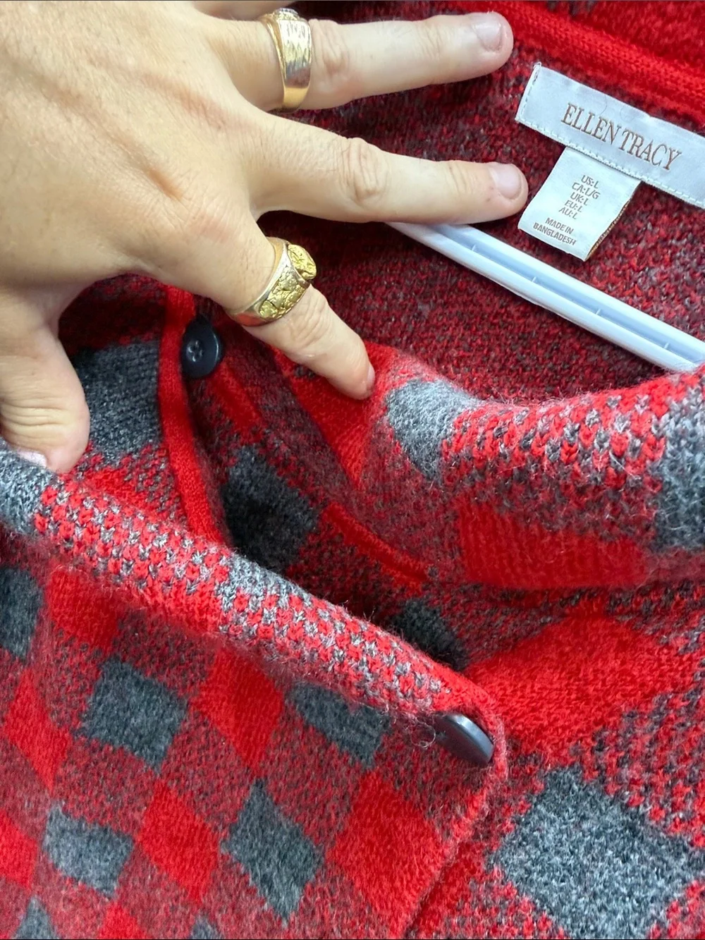Ellen Tracy Red & Gray Buffalo Check Cowl Neck Sweater - Picture 3 of 5